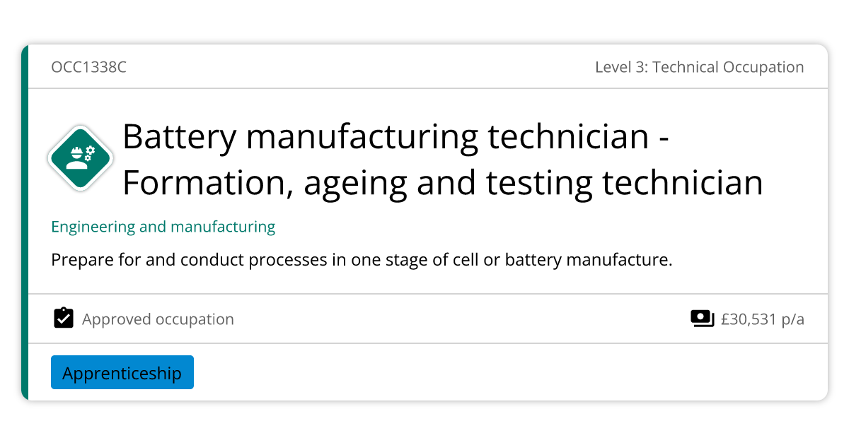 Battery manufacturing technician Formation, ageing and testing technician