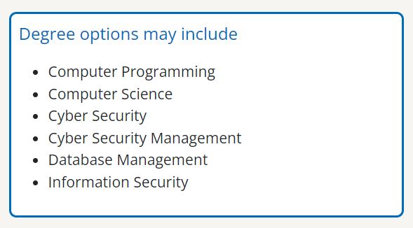 Screen shot of degree options